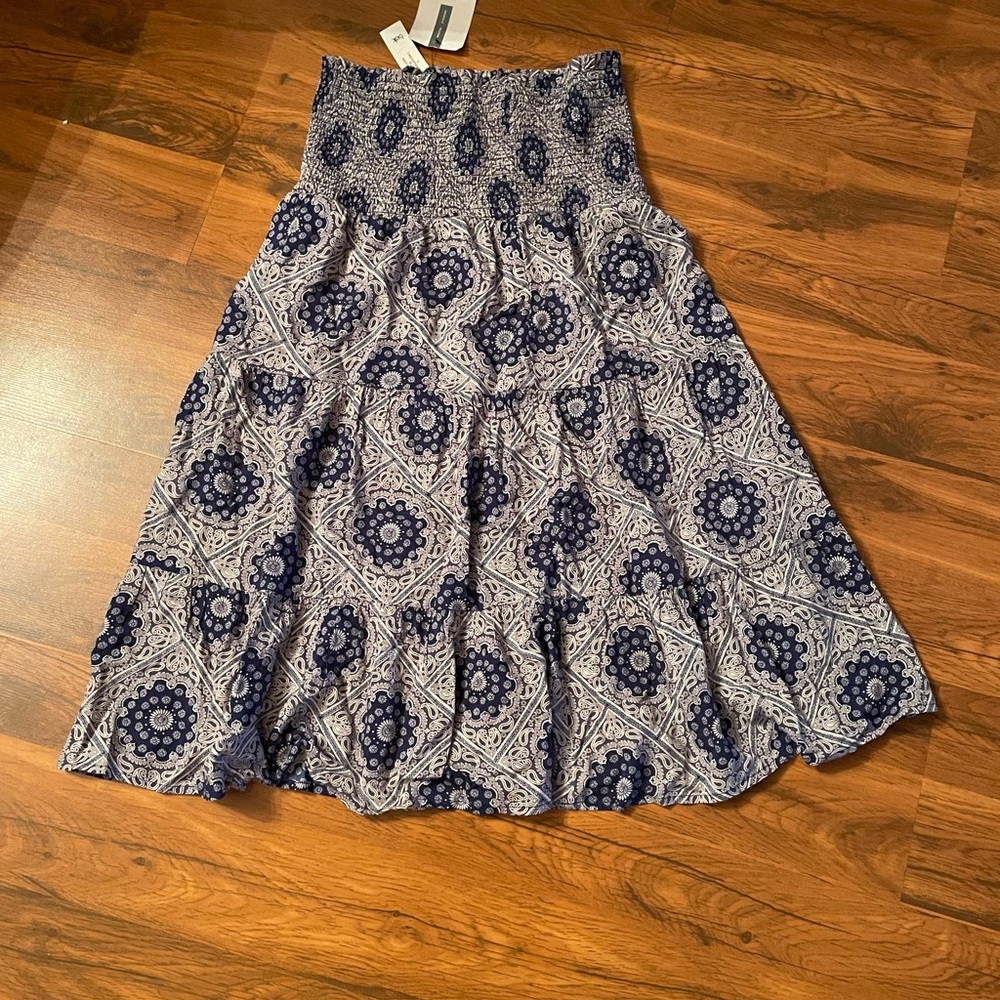 True Craft White and Blue Smocked Tiered Midi Skirt